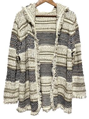 FYLO LONDON Hooded Fringe Cardigan Boho Folk Cabin Cottagecore Knit